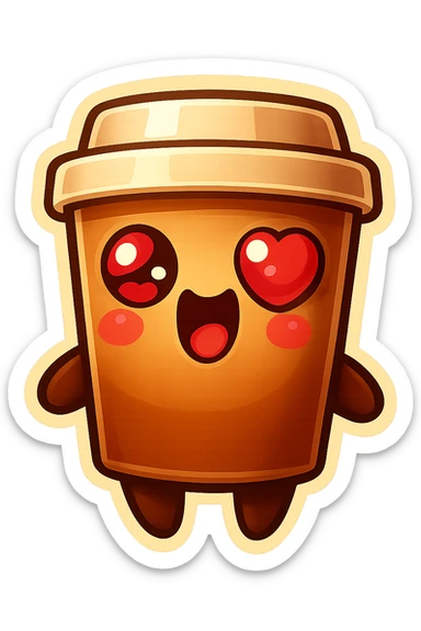 Tall coffee cup, extreme flirty, gushing with love, dramatic sticker