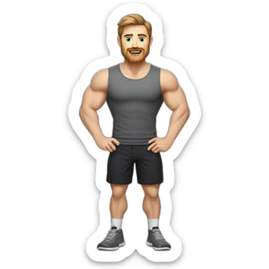 Full height realistic Actively gesturing with hands Pale skinned Fit Man With the biceps and brown hair in dark gray Sleeveless Mike, black oversize sports shorts, watch and white Sneakers sticker