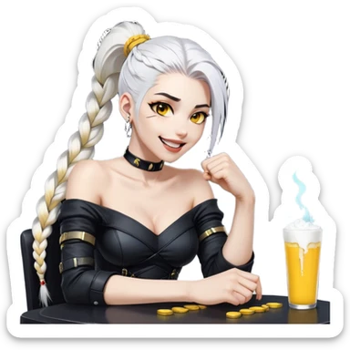 she is laughing the hardest and pounding her fist on the table, a closeup portrait of young woman with gold yellow eyes, white hair, long braid, black off-shoulder top, punk gothic style, futuristic cyberwave cyberpunk, sitting position
 sticker