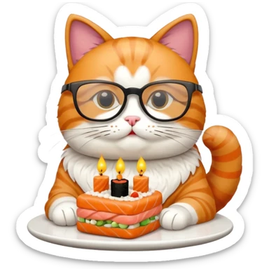 cat with cool square shaped glasses eating a birthday cake made out of sushi sticker