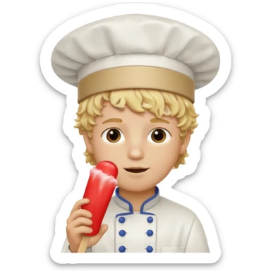 boy blonde curly hair, chef, eating ice pop sticker