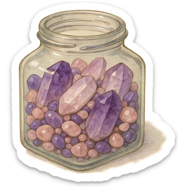 realistic amethyst and rose quartz crystal pieces in an open glass jar, different shapes and sizes, pretty small pebbles, mixed together, natural colors, soft, fairy-like atmosphere, no background, square size sticker