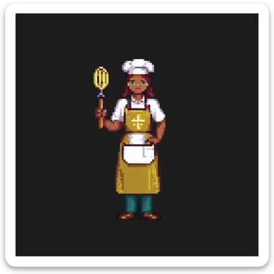 Portrait of a proud baker with a golden apron and embroidered details, holding a polished whisk, skeuomorphism style sticker