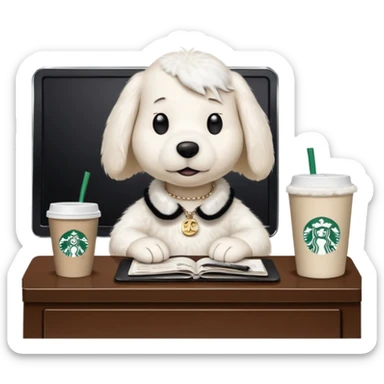 snoopy in a desk with starbucks and his chanel purse sticker