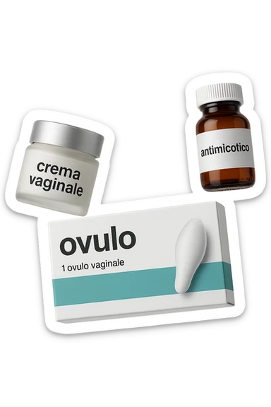 un barattolo di crema con la scritta "crema va**ale", una scatola con farmaco con la scritta "ovulo", un barattolo di farmaco con la scritta "antimicotico" in italiano sulle etichette, fluttuano in aria, IPERREALISTICO 4K sticker