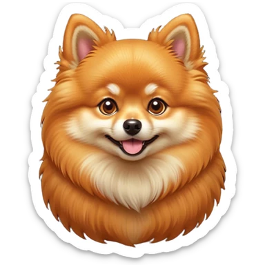Cinematic Cute Orange Pomeranian Portrait Emoji, Head tilted playfully and inquisitively, featuring a luscious, fluffy orange Fur with a natural sheen, round, sparkling brown eyes filled with curiosity, Simplified yet irresistibly adorable features, highly detailed, glowing with a warm, friendly glow, high shine, affectionate and lively, stylized with a touch of whimsy, bright and endearing, soft glowing outline, capturing the essence of a mischievous yet loving pup, so playful it feels like it could scamper out of the screen and into your arms! sticker