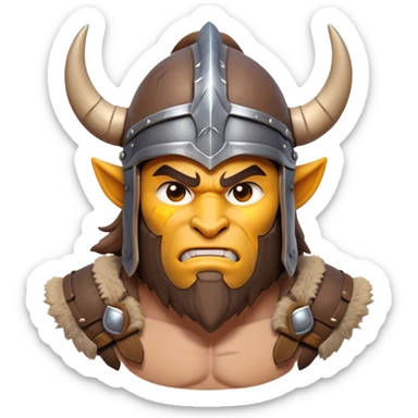 Cinematic Fierce Barbarian Portrait Emoji, Poised and bold with a rugged yet cartoonish build in tattered furs and a horned helmet, expressive bright eyes and a confident smirk, Simplified yet dynamic features, highly detailed, glowing with a vivid, adventurous aura, high shine, heroic and spirited, stylized with an air of medieval warrior charm, focused and energetic, soft glowing outline, capturing the essence of a fearless barbarian adventurer ready to lead his clan with spirited valor! sticker