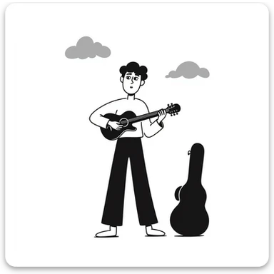 A musician playing guitar with head tilted up towards the sky, with clouds in the background, sad worried expression on face, concerned look, hoping for an opportunity sticker