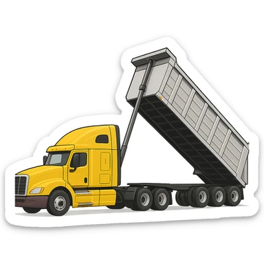 yellow semi sleeper truck and silver end dump trailer, trailer tilted up as if dumping, clean and simple, no background sticker