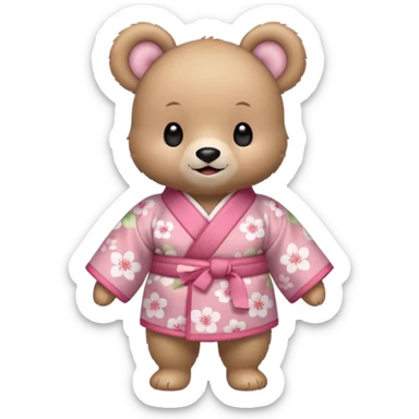 A cute baby bear character in pastel style, standing upright like a human. 
Light brown soft fur, large round ears, rounded paws and feet. 
Big cute black dot eyes, medium blush cheeks, and a tiny smiling mouth. 
Wearing a pink kimono with soft cherry blossom patterns on the sleeves and bottom,  sticker