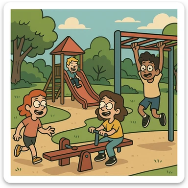 playground in park with children playing, lively atmosphere, cartoon style sticker