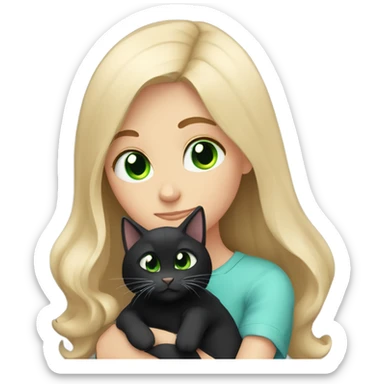 White brown-haired blue-eyed girl hugging black cat with green eyes sticker