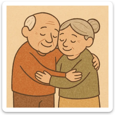senior couple in a hug, no glasses, sweet and caring, plain background sticker