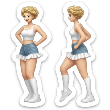 Hyperrealistic Full body Caucasian curvy beauty jumping short white skirt back and front views strong wind knickers long white socks sticker