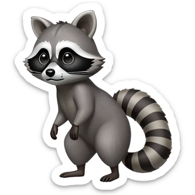 Cinematic-Raccoon-Realistic-Full-Body-Standing on all fours-Emoji – Tail flicking lazily, head tilted dramatically, thick grey fur with a signature black mask, sharp and alert ears, simplified yet realistic focused features, highly detailed, glowing with an almost sarcastic glow. sticker