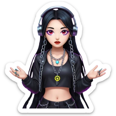  korean-techno-dj-girl,-wearing-a-stylish-edgy-outfit-with-metallic-chains,-long-black-hair,-performing-in-a-neon-lit-underground-club,-cyberpunk-aesthetic,-high-detail-3d-emoji-style,-energetic-and sticker