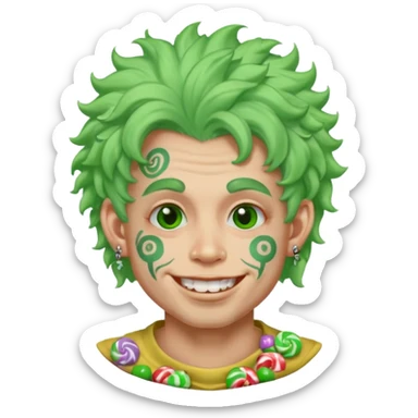 very colorful puffy green haired man made out of candy  and excessive face tattoos and excessive piercing just face  sticker