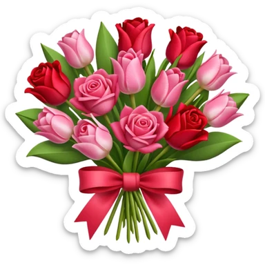 Create an bouquet with red and pink roses and tulips inside a white flower bouquet with red ribbon around it sticker