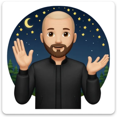 man with a shaved head and beard, in a black outfit, clapping hands, nighttime outdoor setting sticker