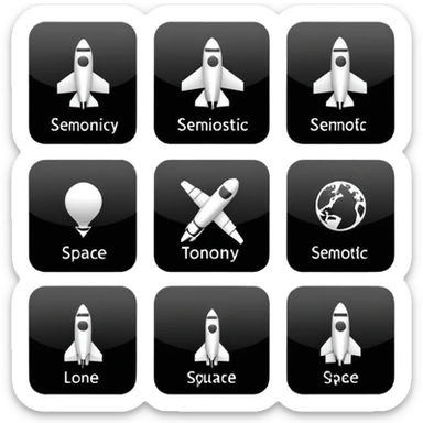 square minimal icons, space semiotic, black print on white background, square outline icons, minimalist symbols, transportation, economy, engineering, industry. Designed for signage.  sticker