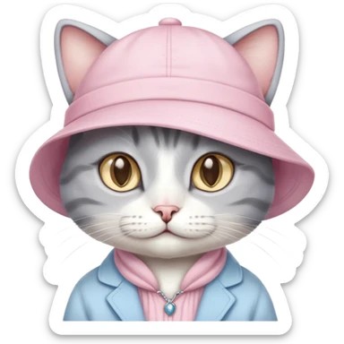 A grey and white cat with light pink clothes and a little light yellow hat. Make it have light blue eyes sticker
