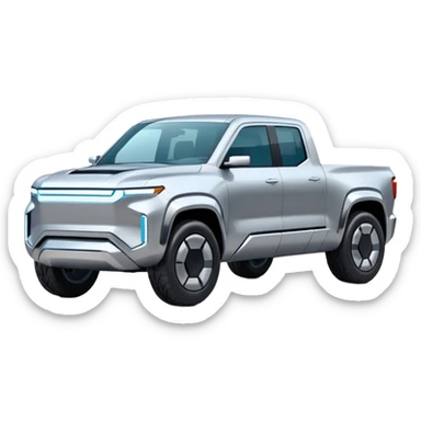 A futuristic electric pickup truck emoji, silver chrome body, angular cyber design, smooth metallic panels, subtle reflections, minimalistic proportions, iOS emoji style, centered composition, clean white background, soft lighting sticker