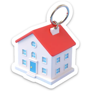 white keychain with a house-shaped key fob, 3D Emoji style, pure white color, soft shadows and highlights, transparent background, no decoration, side view sticker