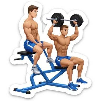 side-view bodybuilder in blue shorts seated weighted calf-raise machine on his tip toes sticker