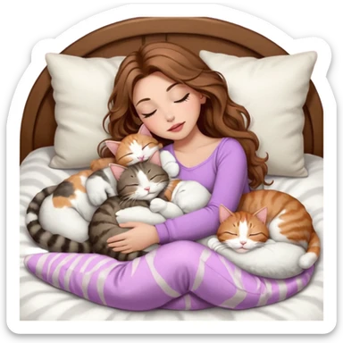 girl with long wavy brown hair, brown eyes, long lashes makeup, sexy pink lips, light to medium complexion,  sleeping on a cozy pillow, with 6 cats: 1 brown and white tabby cat, 1 ginger and white, 2 grey and white, 1 grey with white mittens and small white patch on chest and 1 calico, sleeping sticker