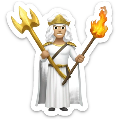 white man Poseidon with gold Trident. long white hair white dress.  with firefighter helmet sticker