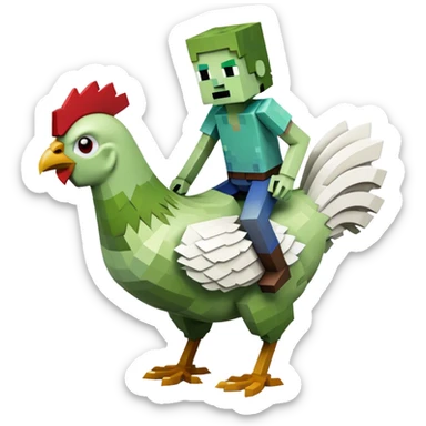 small square-shaped Minecraft zombie riding a small white chicken sticker