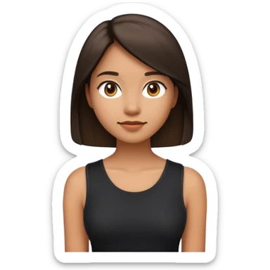 A young woman designed in the Apple emoji style: smooth, rounded features, minimalistic details, and subtle shading. She has dark, shoulder-length hair, a neutral but pleasant expression, and wears a black sleeveless top. The character is centered in the frame, facing slightly toward the camera.  sticker