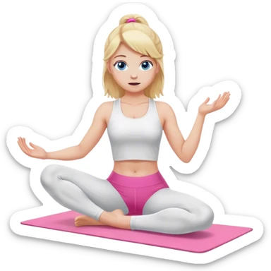 A cinematically realistic blonde with long hair and blue eyes, dressed in a white top and pink leggings, performs a sports exercise on a mat sticker