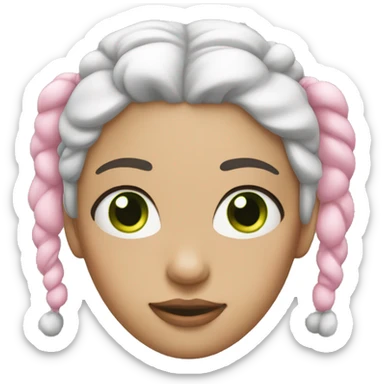 woman with white and pink hair in 2 buns.  She has green eyes. sticker