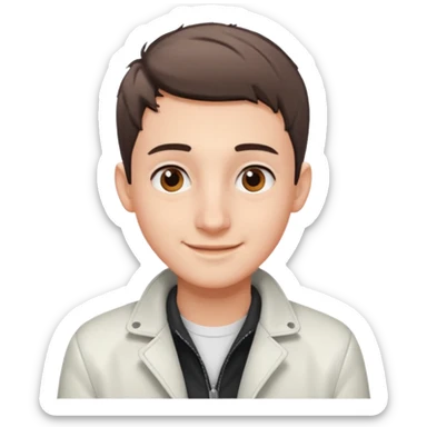 teenage man with very short gradient hair, brown eyes and long lashes, big nose and he is wear a white jacket sticker