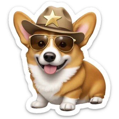 Corgi wearing shades and a brown fitted hat with a star on it sticker