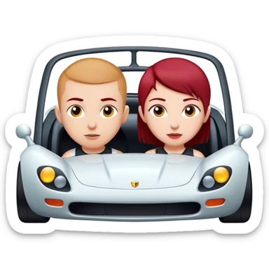 Blonde boy with a buzz cut and a girl with dark red hair in a sports car sticker