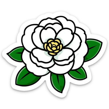 Elegant white camellia flower with symmetrical petals and rich green foliage sticker
