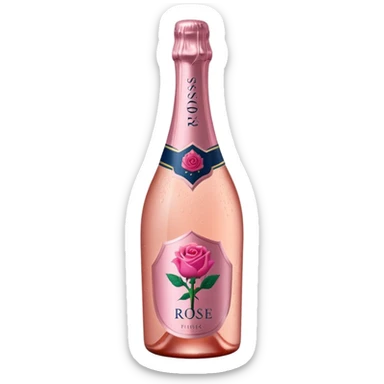 bottle of sparkling rosé with a rose logo on the label, angled to the left, no glass sticker