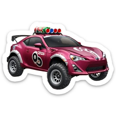 Distressed rusty old Extended wheelbase 2013 scion fr-s dark black cherry off road 4wd monster Baja dessert stadium racer number 86 with long travel suspension, shiny silver wheels, exaggerated black fender flares, made out of discarded Pepsi cans  sticker