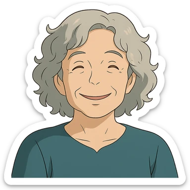 ghibli style smiling 50 year old lady with silver curly hair sticker