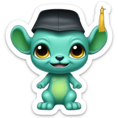 cutie alien whole body similar to stitch with a college mortarboard sticker