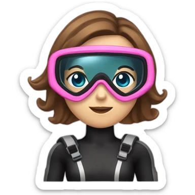 scubadiver woman, with brown and staright hair and black suit and Pink dive mask in her blue eyes sticker