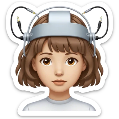 girl with light skin tone wavy brown hair and bangs wearing electrodes and wires on her head  sticker