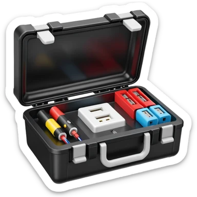 An open black hard-shell test case, inside: a power outlet, USB port, and colored test sockets. A large roll of white test labels lies next to the equipment, along with a red test probe. sticker