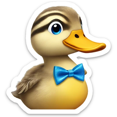 a duckling with blue eyes, Rosey cheeks, and has a blue, sparkling/glittery tie on sticker