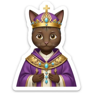 “Half-body humanoid figure with a realistic cat face, wearing ornate bishop robes and a mitre, dark gothic background, dramatic lighting, sticker