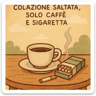 Uomo che salta la colazione, si vede solo una tazzina di caffè e un pacchetto di sigarette sul tavolo, testo in italiano: “Colazione saltata, solo caffè e sigaretta”. sticker
