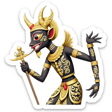 Wayang – Cinematic Realistic Wayang, depicted as intricately carved traditional Indonesian shadow puppets with expressive features and vibrant cultural motifs, set against a dark, dramatic backdrop with subtle glowing highlights that evoke the mystical art of shadow play. sticker