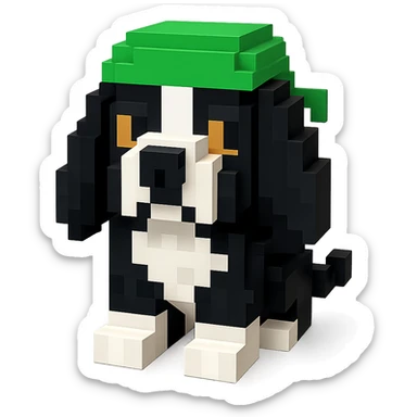 A black and white Russian Cocker Spaniel puppy wearing a green durag, facing forward sticker